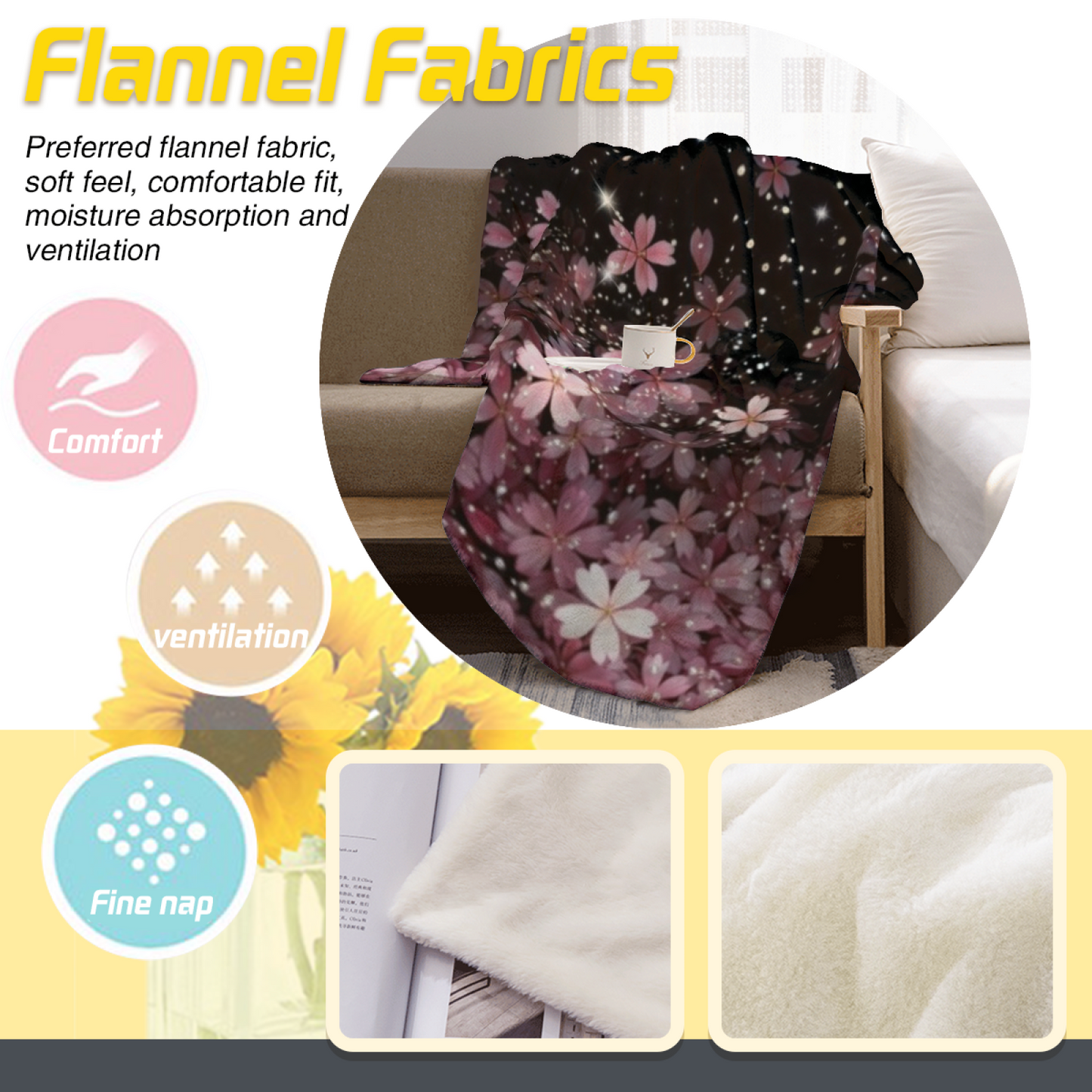 Starry Cherry Blossom Flannel Throw Blanket ¨C Pink Flowers on a Night Sky