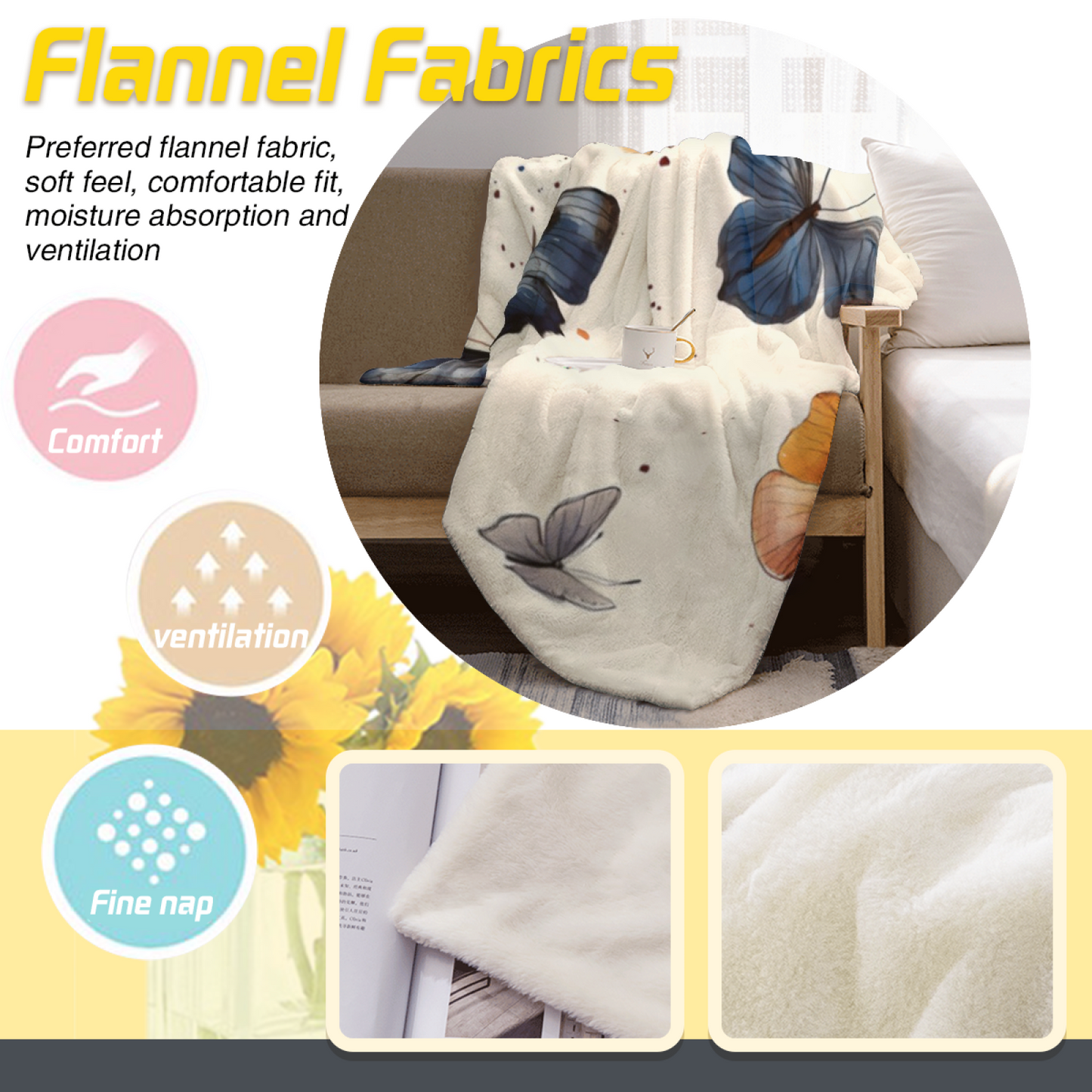 Bee and Daisy Flannel Throw Blanket ¨C Cute Yellow Floral Garden Design