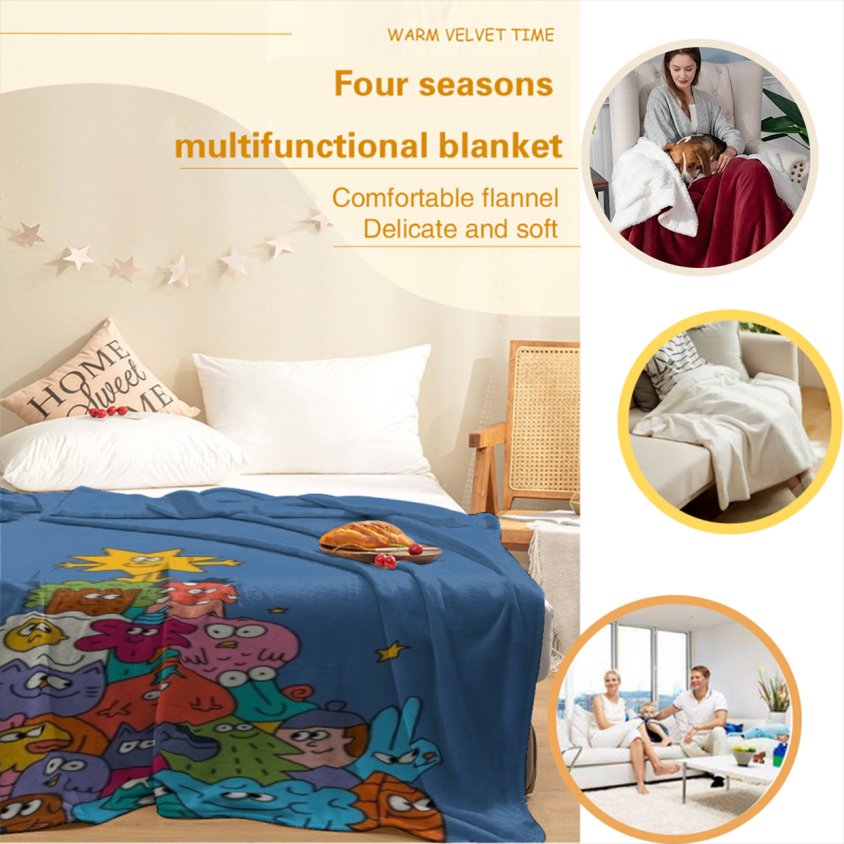 Burnished Meadow Inspired Cozy Flannel Bed Blanket ¨C Deep Ocean Palette