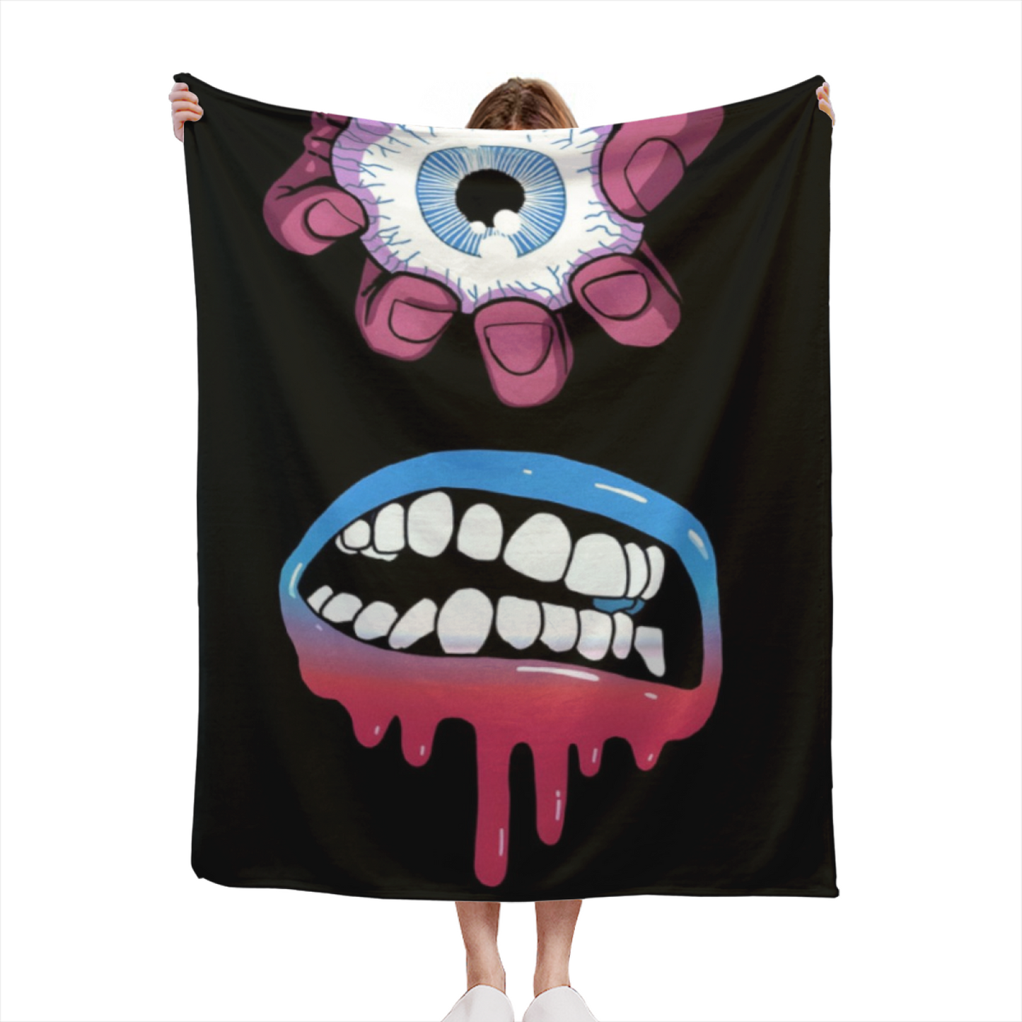 Creepy Eye and Dripping Smile Flannel Throw Blanket ¨C Dark Gothic Cartoon Design