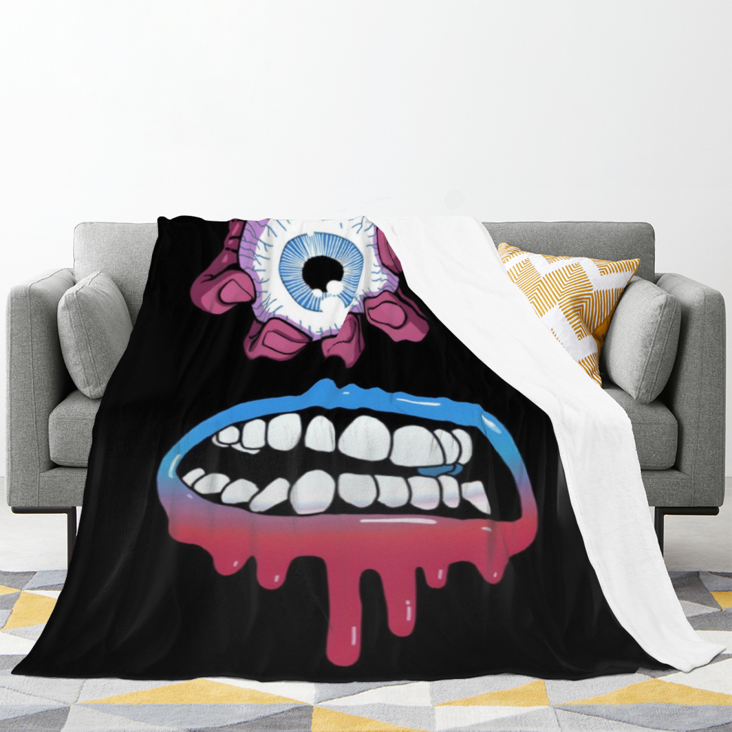 Creepy Eye and Dripping Smile Flannel Throw Blanket ¨C Dark Gothic Cartoon Design