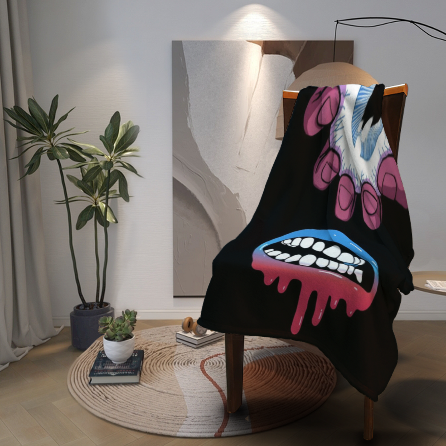 Creepy Eye and Dripping Smile Flannel Throw Blanket ¨C Dark Gothic Cartoon Design