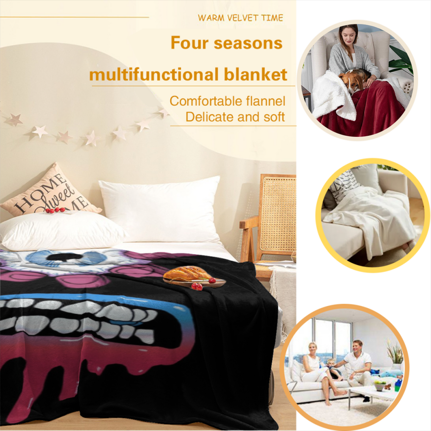 Creepy Eye and Dripping Smile Flannel Throw Blanket ¨C Dark Gothic Cartoon Design