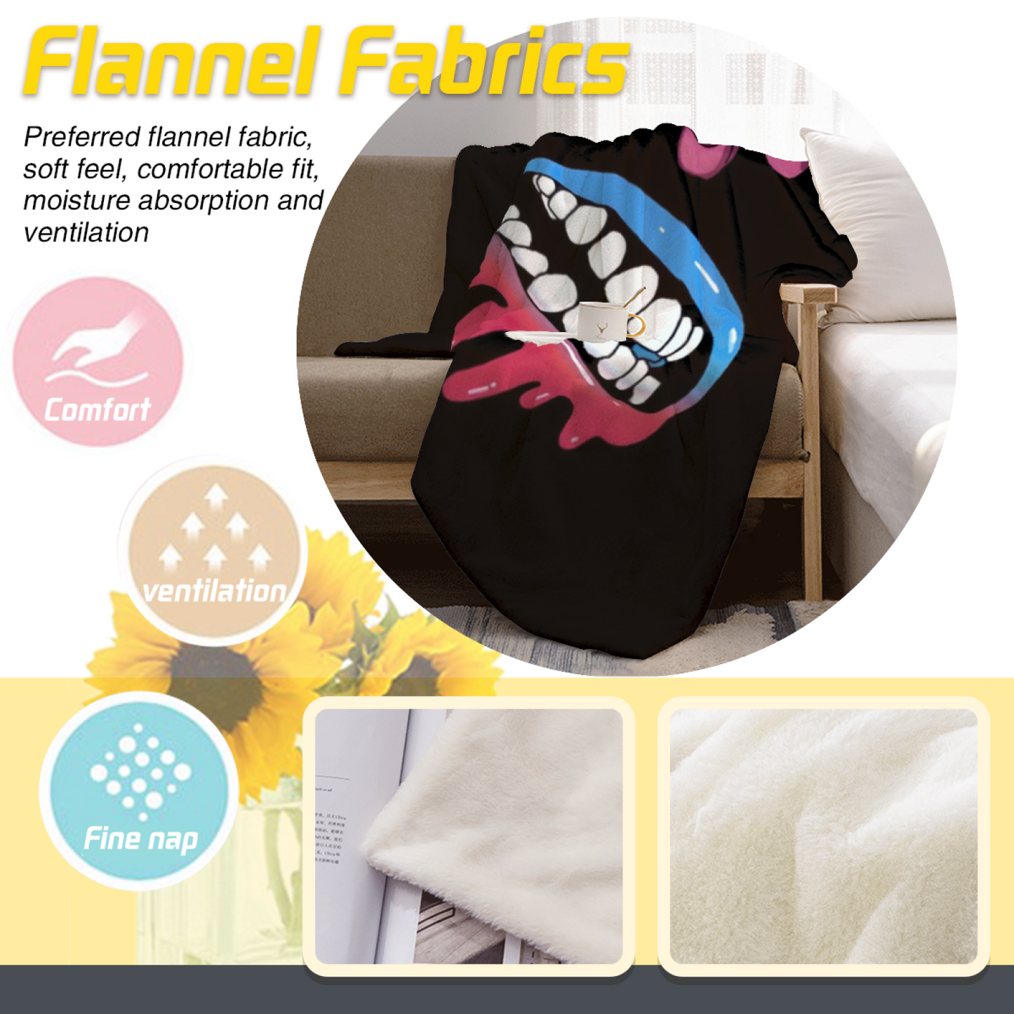 Creepy Eye and Dripping Smile Flannel Throw Blanket ¨C Dark Gothic Cartoon Design