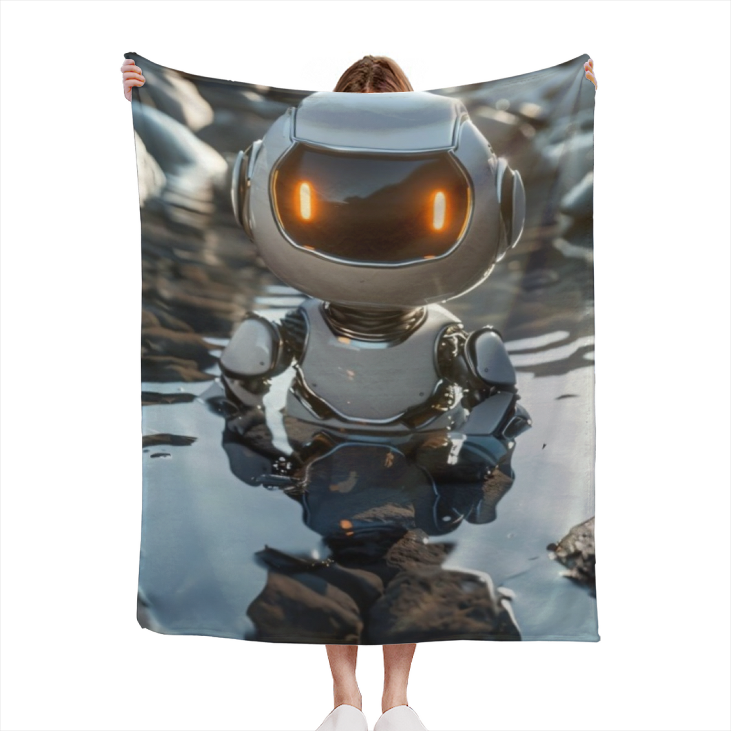 Futuristic Robot Flannel Throw Blanket ¨C Silver Sci-Fi Character in Water
