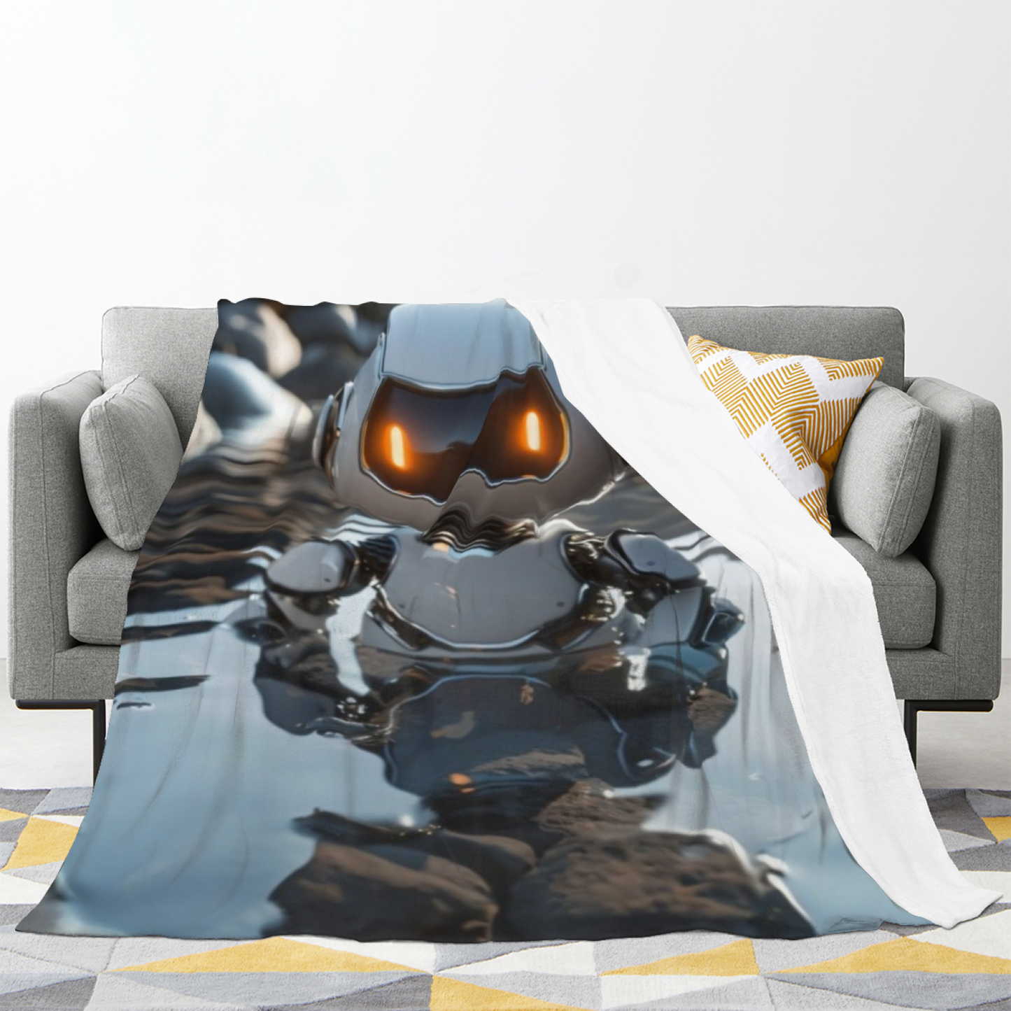 Futuristic Robot Flannel Throw Blanket ¨C Silver Sci-Fi Character in Water