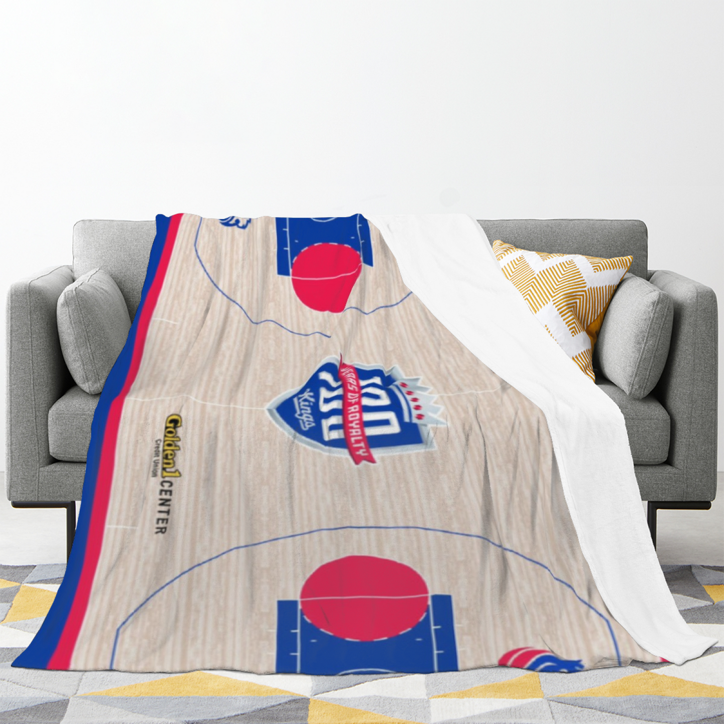 Sacramento Kings-Inspired Basketball Court Flannel Throw Blanket ¨C Blue and Red Team Graphic