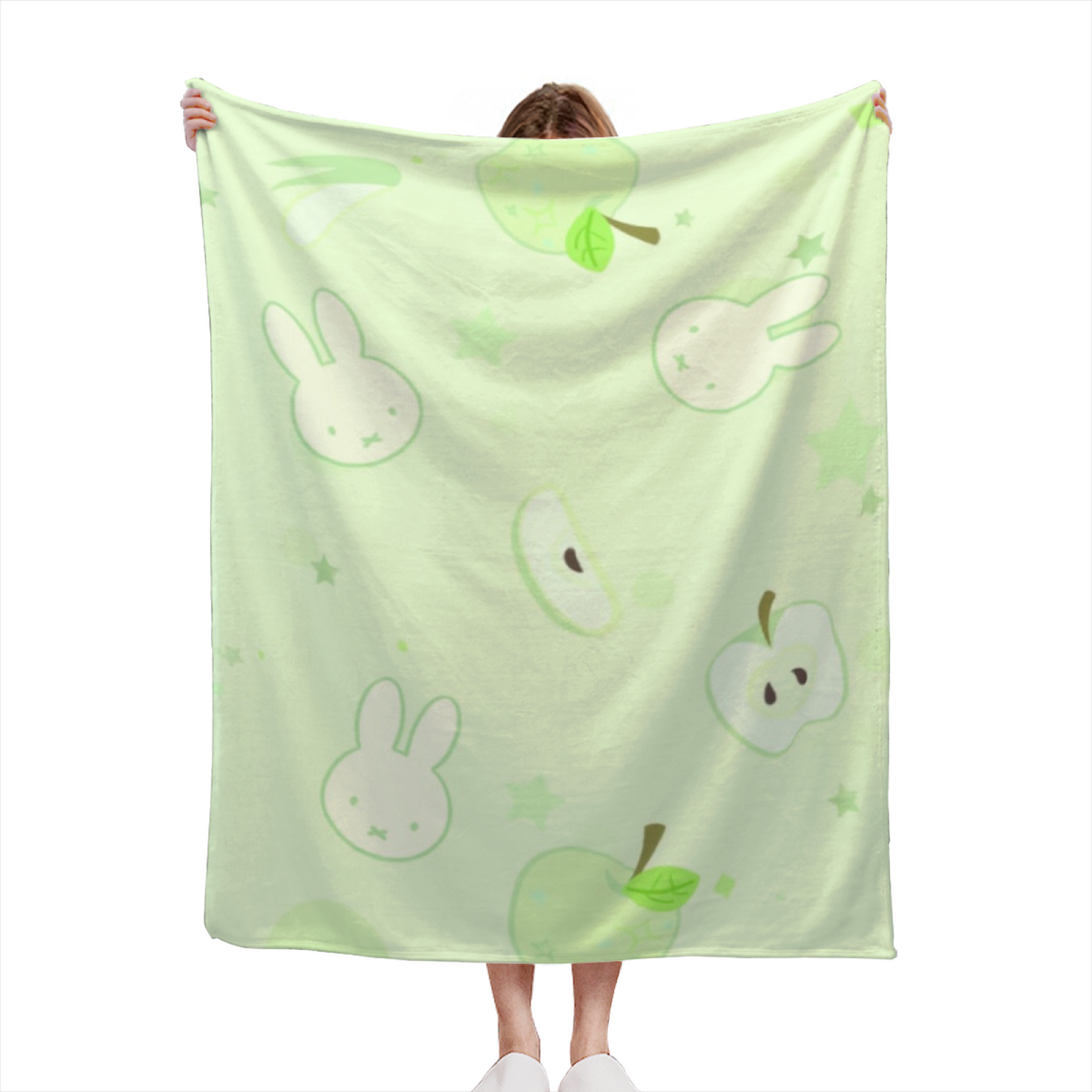 Soft Green Rabbit and Apple Flannel Throw Blanket ¨C Cute Kawaii Fruit Print