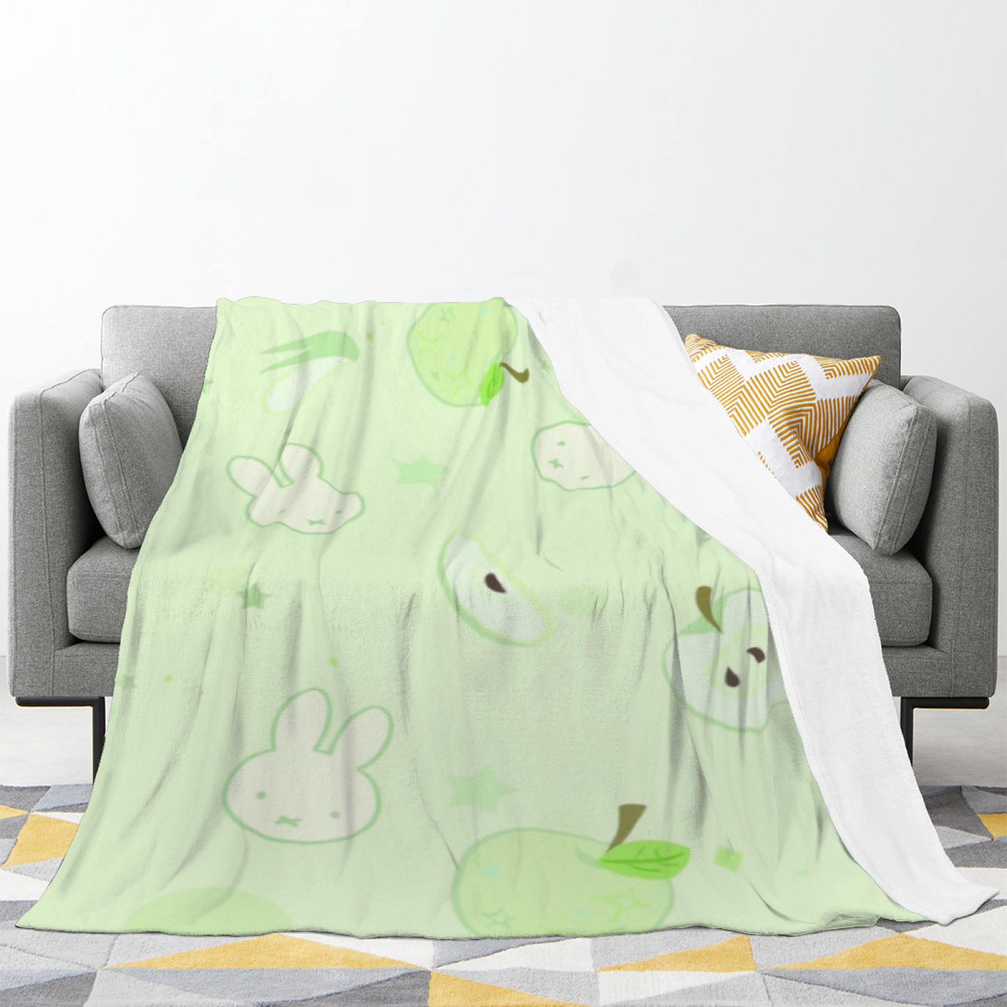 Soft Green Rabbit and Apple Flannel Throw Blanket ¨C Cute Kawaii Fruit Print