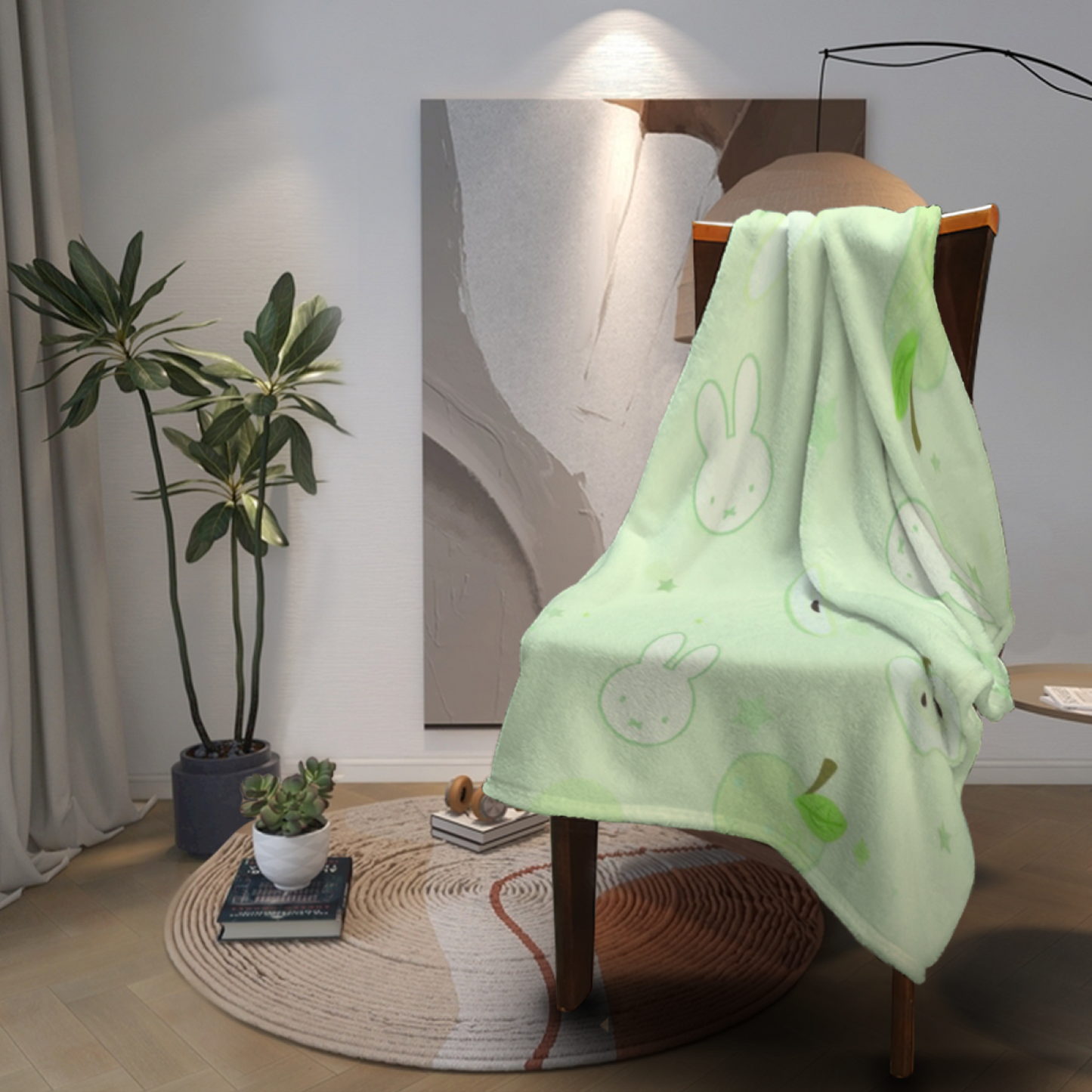 Soft Green Rabbit and Apple Flannel Throw Blanket ¨C Cute Kawaii Fruit Print
