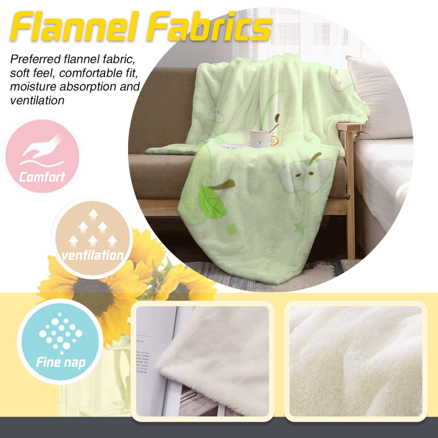 Soft Green Rabbit and Apple Flannel Throw Blanket ¨C Cute Kawaii Fruit Print