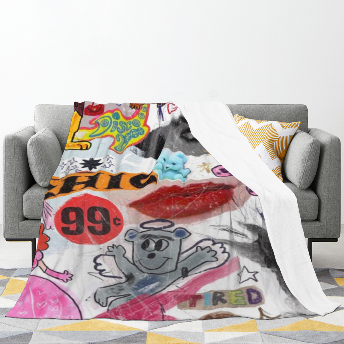 Cosmic Lagoon Expressive Print Cozy Flannel Bed Blanket in Soft Neutral
