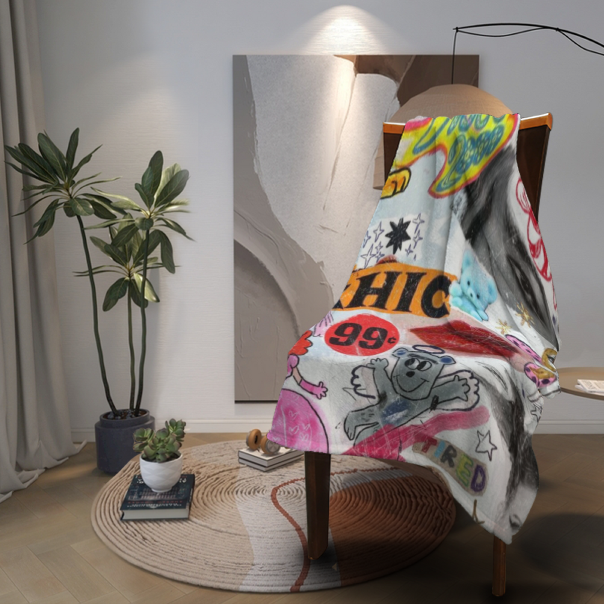 Cosmic Lagoon Expressive Print Cozy Flannel Bed Blanket in Soft Neutral
