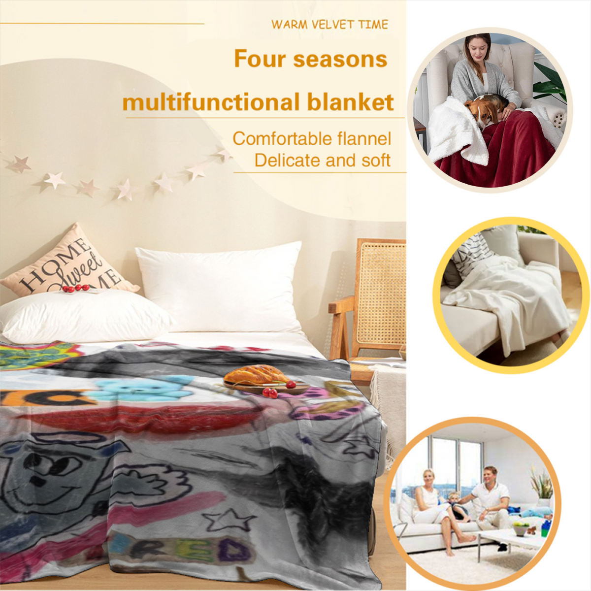 Cosmic Lagoon Expressive Print Cozy Flannel Bed Blanket in Soft Neutral