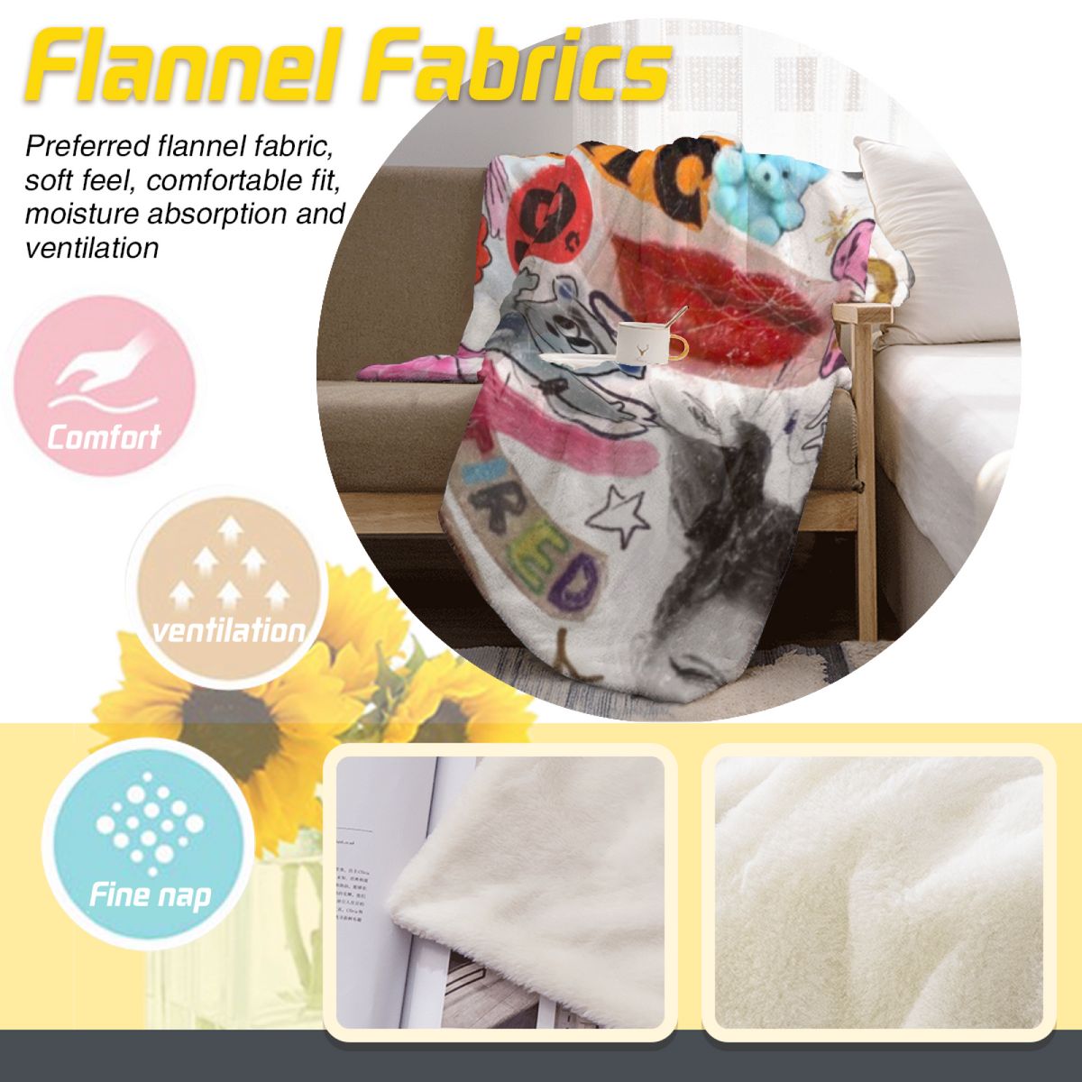 Cosmic Lagoon Expressive Print Cozy Flannel Bed Blanket in Soft Neutral