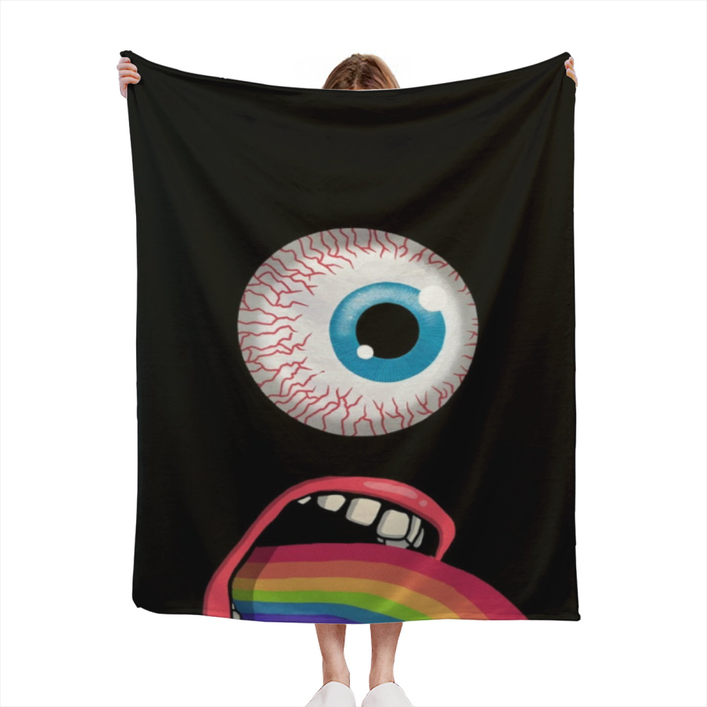 Giant Eyeball and Rainbow Tongue Flannel Throw Blanket ¨C Bold Black Horror Design