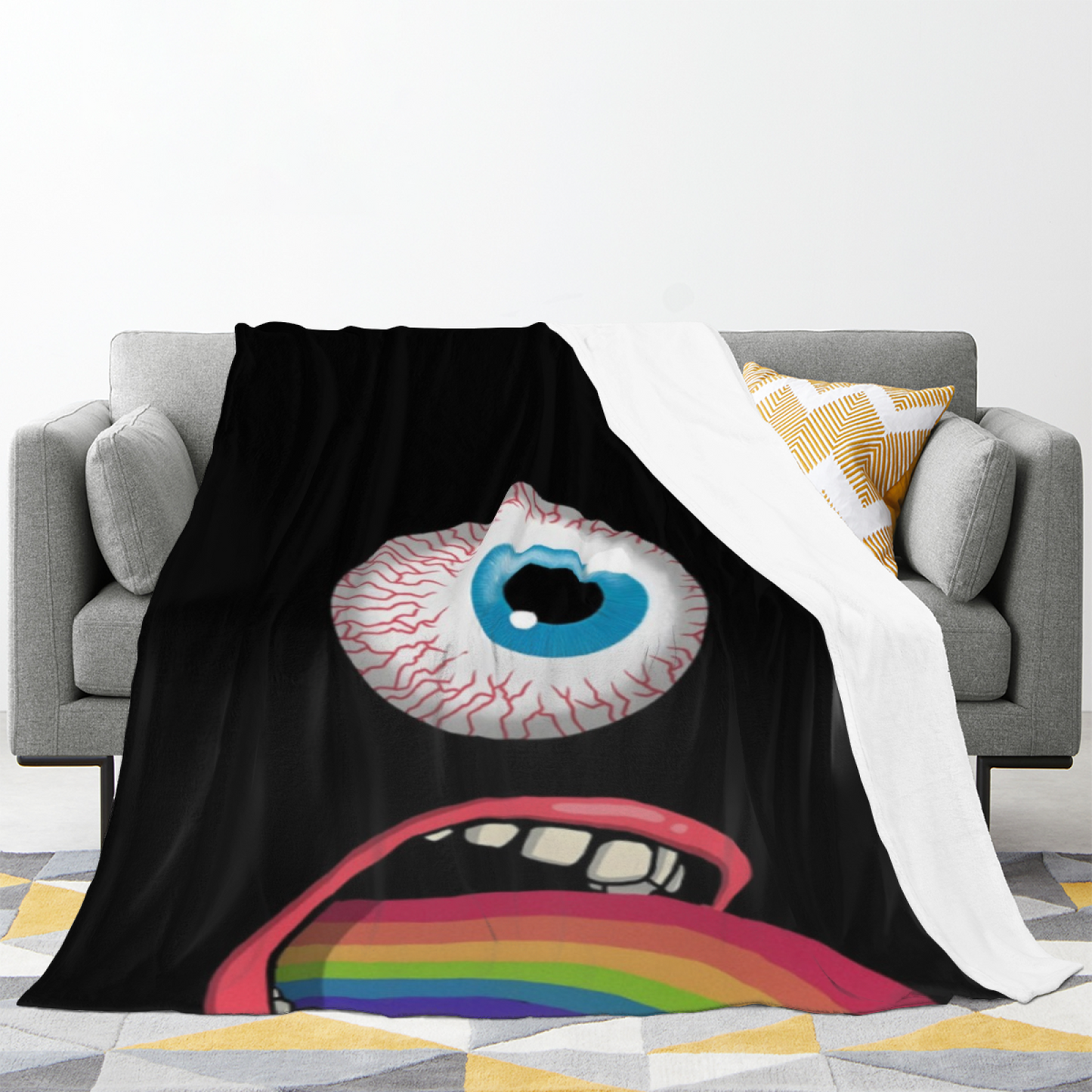 Giant Eyeball and Rainbow Tongue Flannel Throw Blanket ¨C Bold Black Horror Design