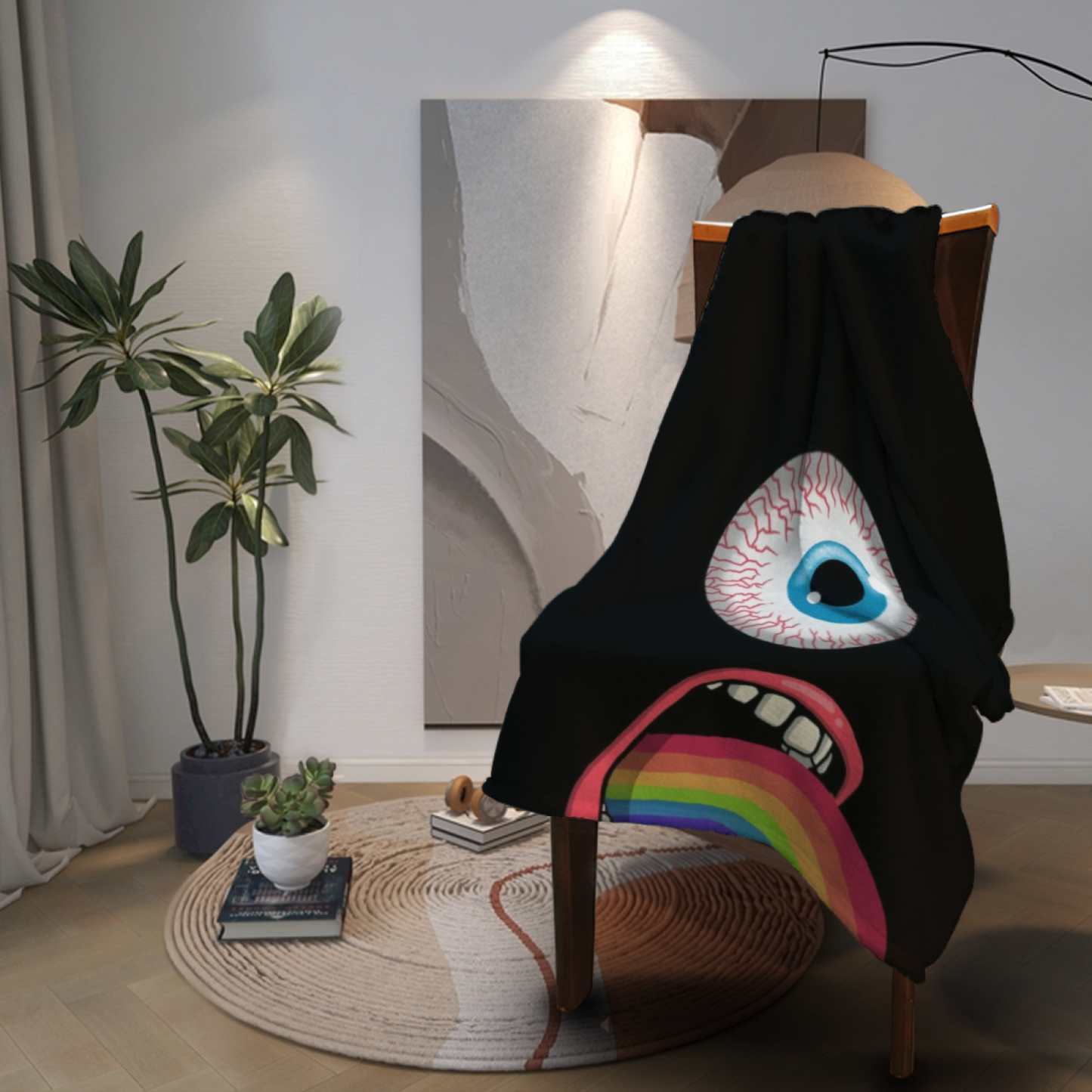 Giant Eyeball and Rainbow Tongue Flannel Throw Blanket ¨C Bold Black Horror Design