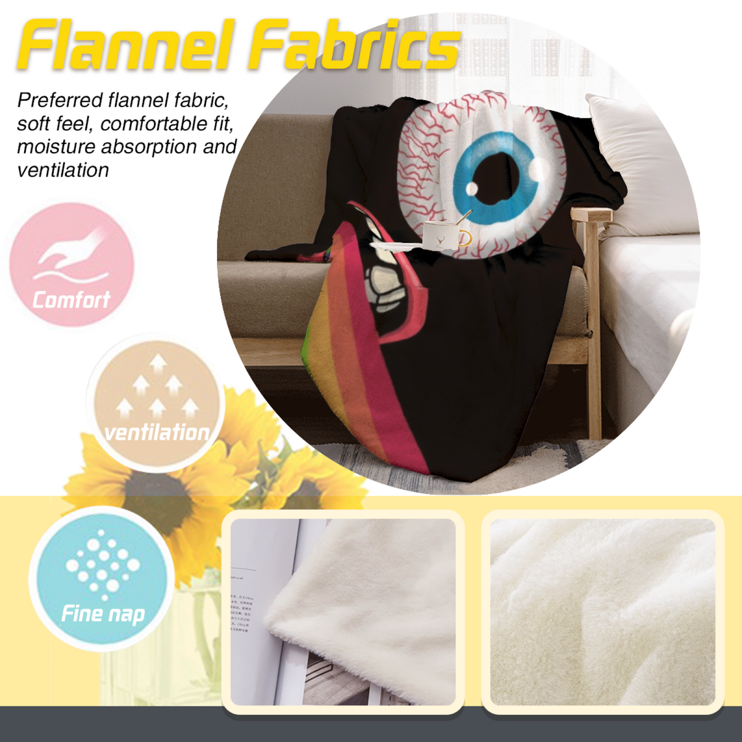Giant Eyeball and Rainbow Tongue Flannel Throw Blanket ¨C Bold Black Horror Design