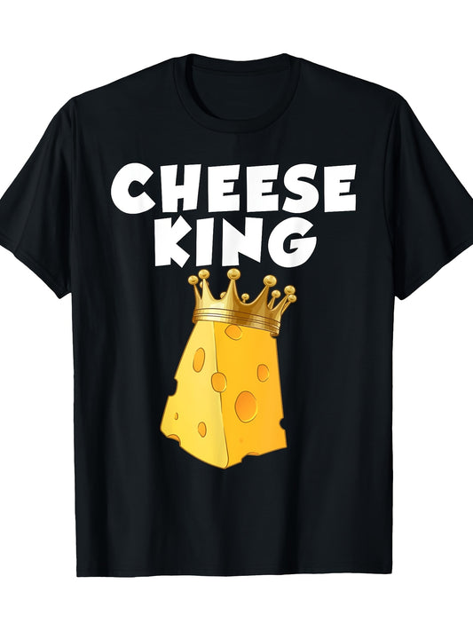 Men's "Cheese King" Graphic Tee - 100% Cotton, 220g - Fun Yellow Cheese & Crown Design, Short Sleeve, Round Neck - Ideal for Casual Wear