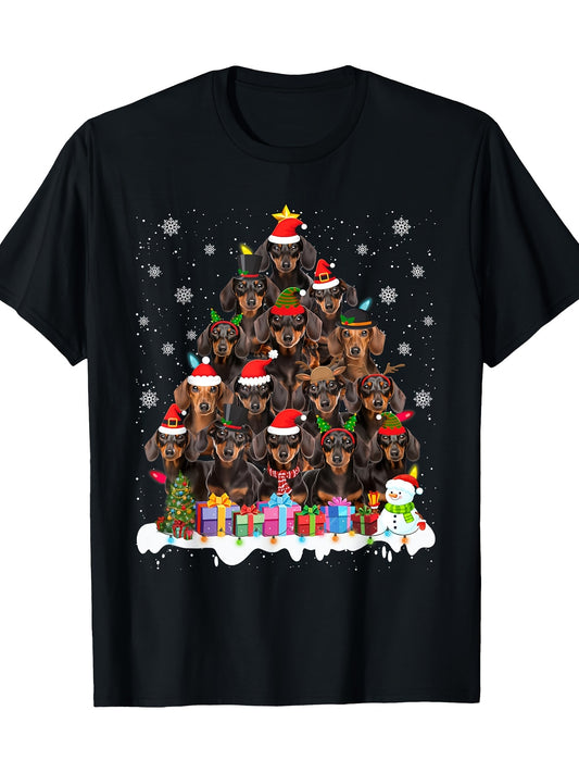 Men'S Christmas T-Shirt, 100% Cotton, Casual Round Neck, Short Sleeve, Regular Fit, Geometric Pattern, Digital Print, Black, for Adult Casual Wear