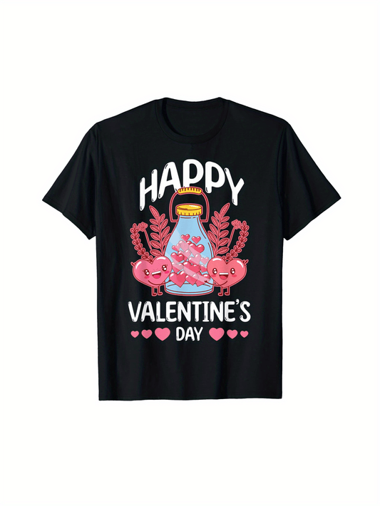 Happy Valentine's Day Graphic T-Shirt – Soft 100% Cotton Casual Tee with Playful Cartoon Print, Perfect Gift for Girlfriend, Boyfriend, Husband, or Wife, Cute T Shirts