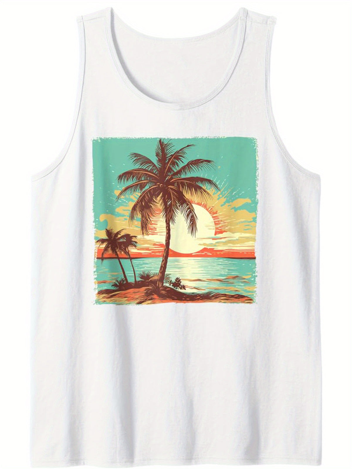 Everyday Comfort] Men's Cotton Sleeveless Tank Top with Vibrant Palm Tree & Sunset Print – Casual, Loose Fit, Round Neck Summer Beachwear for Outdoor Relaxation