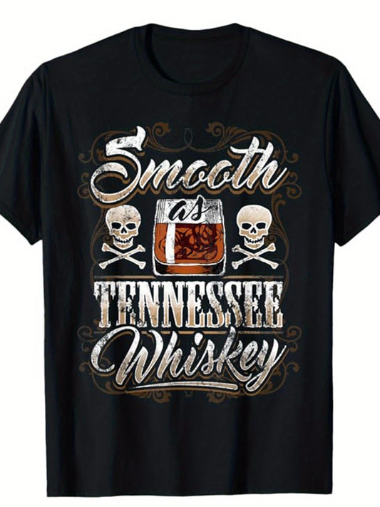 Whiskey Drinking Printed Men's Cotton Graphic T-shirt, Casual Short Sleeve Crew Neck T-shirt, Men's Tee For Outdoor