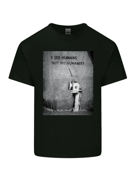 [Breathable Fabric] "I See Humans but No Humanity" Graffiti-Inspired Men'S Cotton T-Shirt - Casual Crew Neck, Applique Detail, All-Season Wear, Black with White Art Print, Everyday Tshirt | Streetwear Fashion | Quality Print, T Shirt