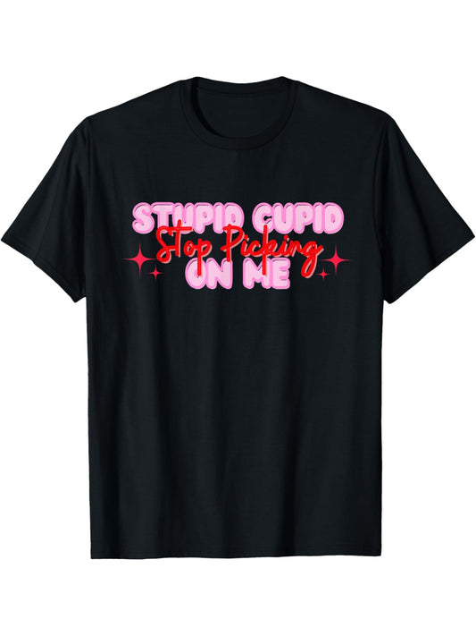Stupid Cupid Stop Picking On Me Retro Trendy Printed T-shirt, Men's Casual and Comfortable T-shirt Summer, Men's Short-sleeved Top for Everyday Activities Birthday Gift to Men