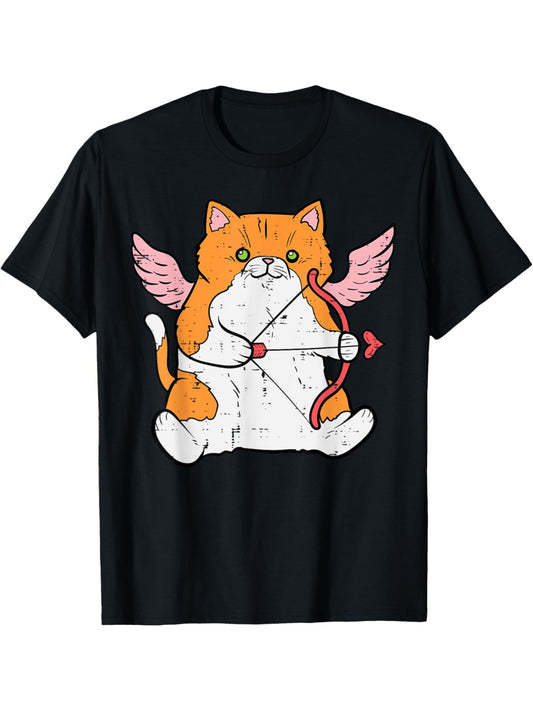 Cupid Cat Funny Valentine's Day Quotes Retro Trendy Printed T-shirt, Men's Casual and Comfortable T-shirt Summer, Men's Short-sleeved Top for Everyday Activities Birthday Gift Valentine's Day Gift to Men