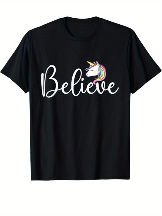Unicorn Printed, Men's Cotton Graphic T-shirt, Casual Short Sleeve Crew Neck Gamer T-shirt, Men's Tee For Outdoor