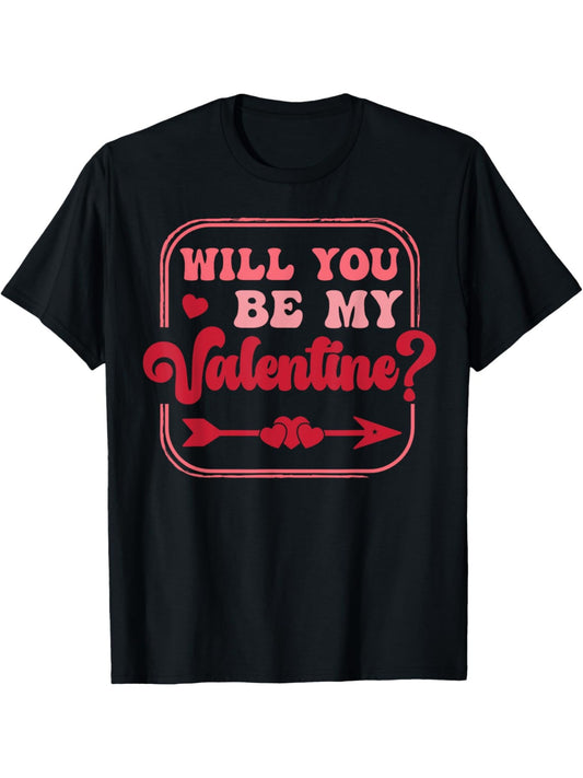 "Will You Be My Valentine" Vintage Heart Print T-Shirt for Men - 100% Cotton, Comfortable Short-Sleeved Top for Daily Wear, Summer Casual Tee, Ideal Birthday Gift