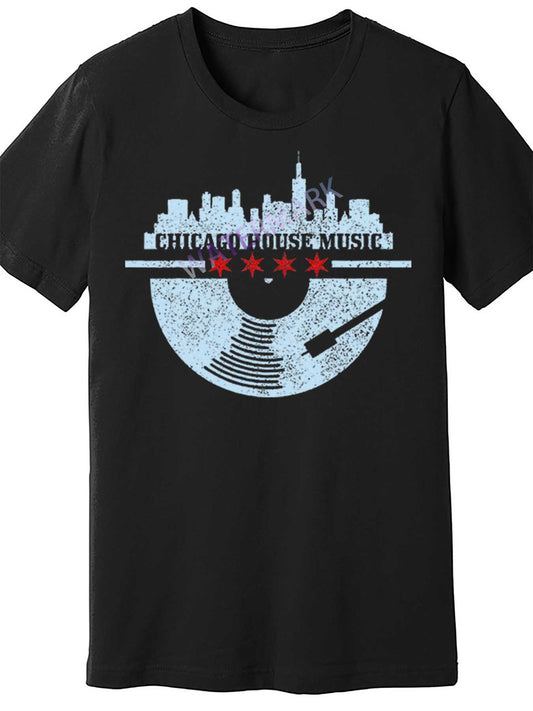 Chicago House Music Vintage Vinyl Dj Raver Flag Skyline Gift 30821 funny Men'S Short Sleeve T-shirt black TT4