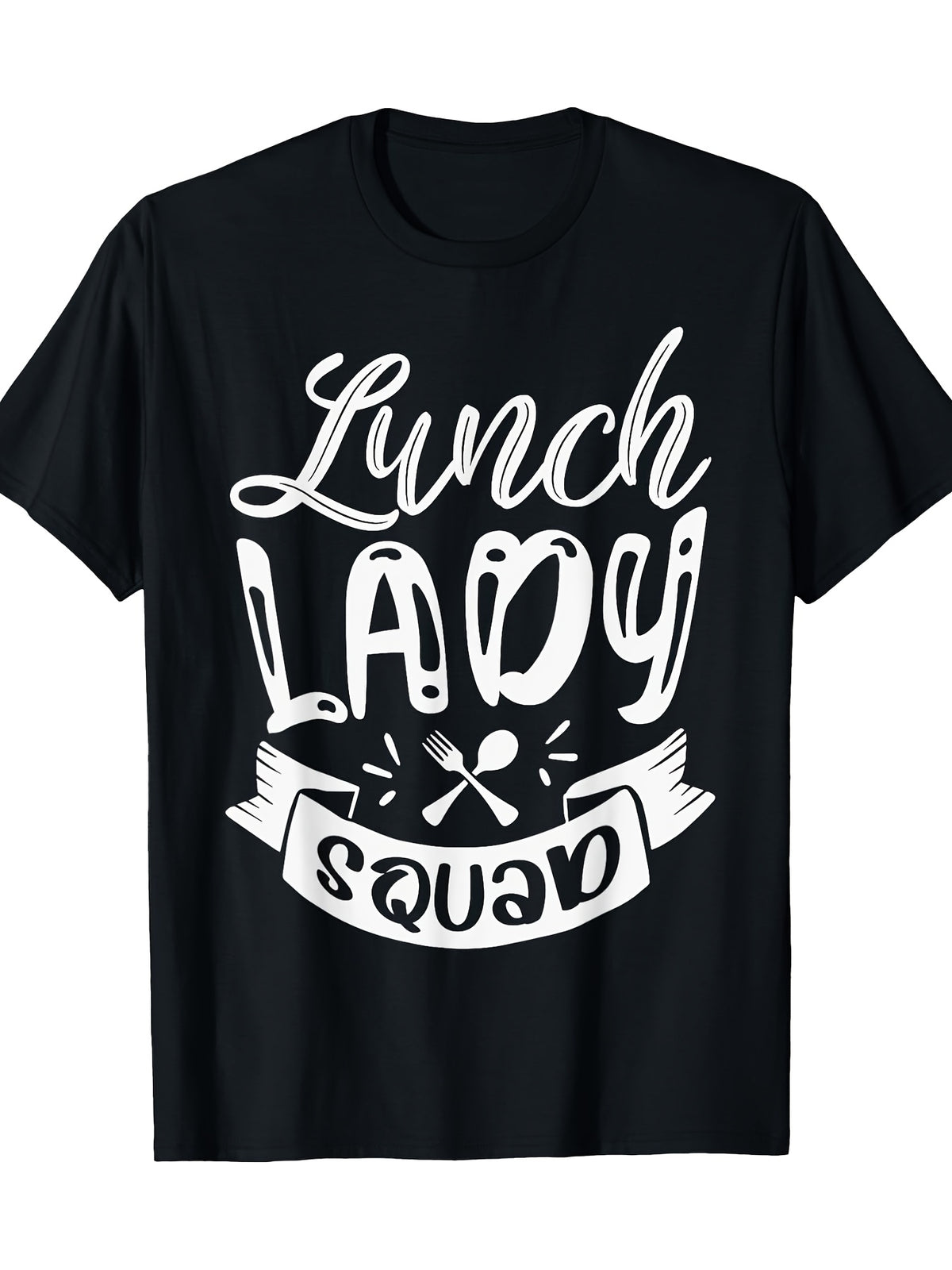 Lunch Lady Graphic 220g Cotton T-Shirt - Black with White Diner Design, Short Sleeve, Round Neck, Casual Casual Attire for Adults