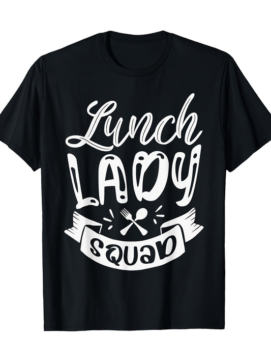 Lunch Lady Graphic 220g Cotton T-Shirt - Black with White Diner Design, Short Sleeve, Round Neck, Casual Casual Attire for Adults