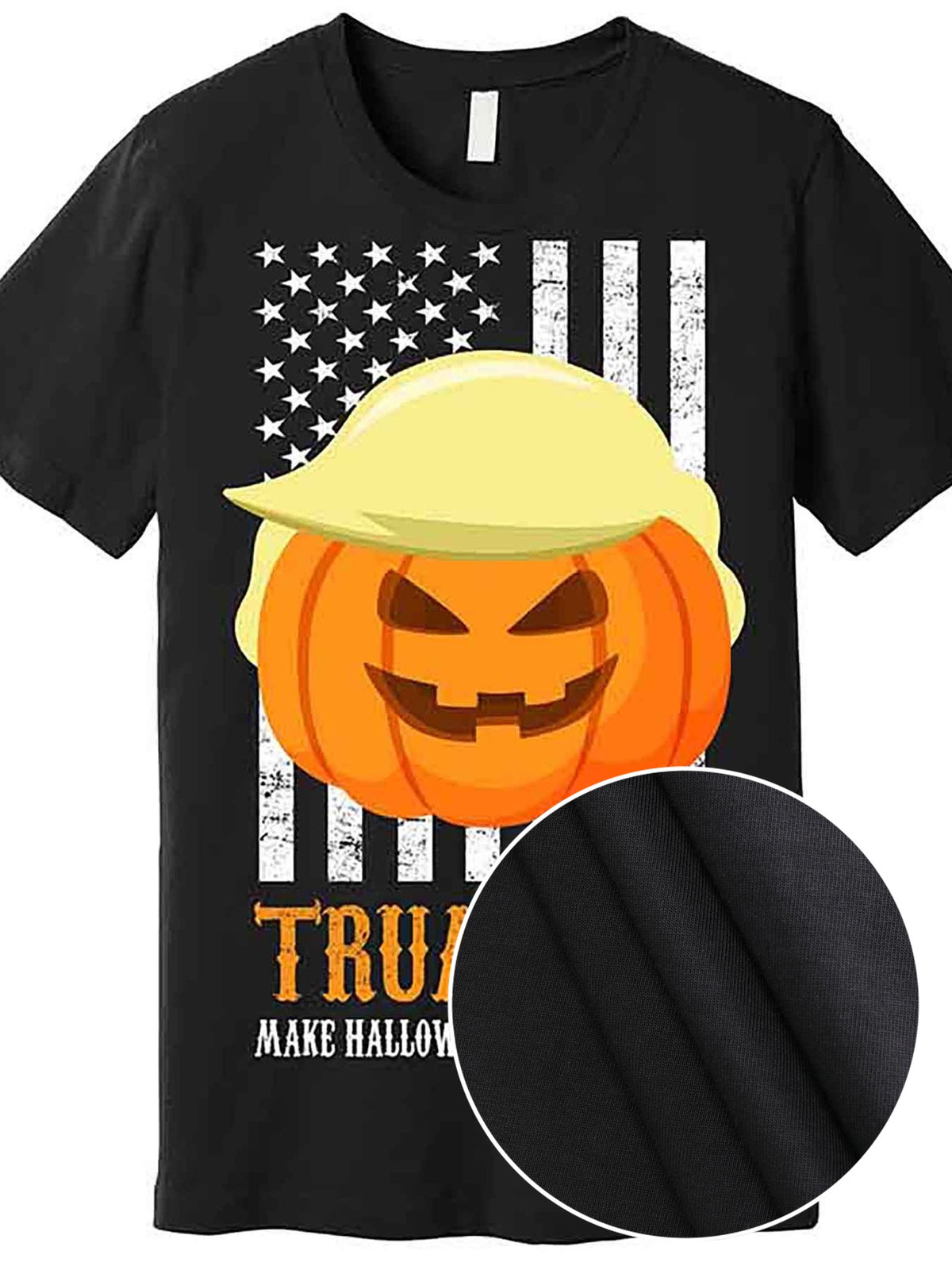 Men’s Funny Halloween Trumpkin Graphic T-Shirt - Black Short Sleeve Cotton Tee with "Make Halloween Great Again" Design, Casual Fit, Machine Washable, Humorous Costume Shirt | American Flag Motif | Medium Elasticity Shirt